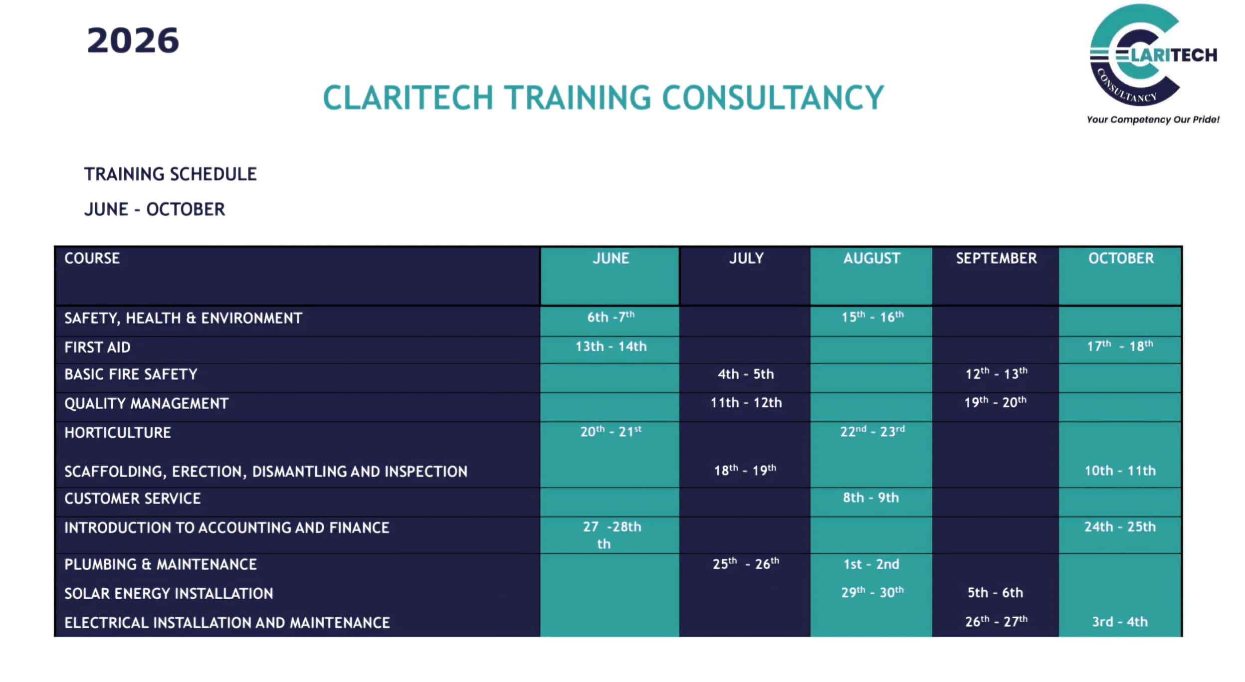 Claritech 2026 Training Schedule June to October